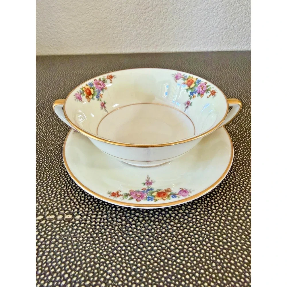 Vintage Jackson Featherweight Celia Cream Soup Bowl Saucer Floral Gold USA
